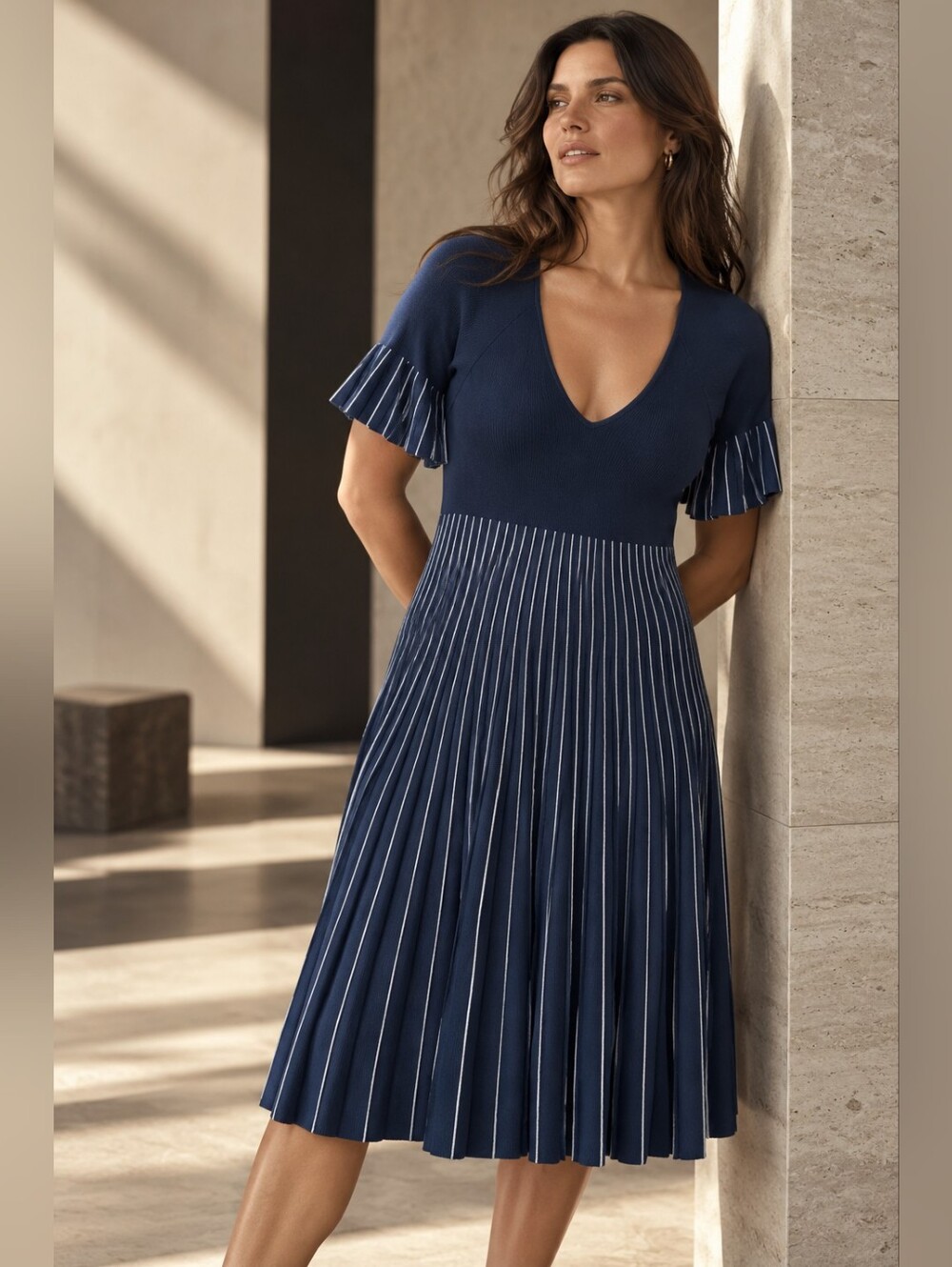 Jonathan Simkhai Dress Large Navy White Pleated Knit Flutter Sleeve Metallic